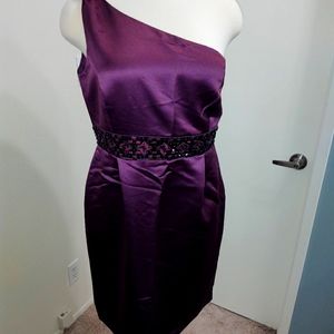 NWT formal one shoulder knee length plum dress with bead detail - sz 16